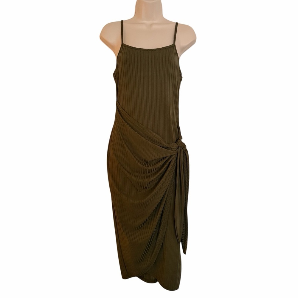 SHEIN Women’s Olive Green Sleeveless Knot-Detail Ribbed Midi Dress Small
